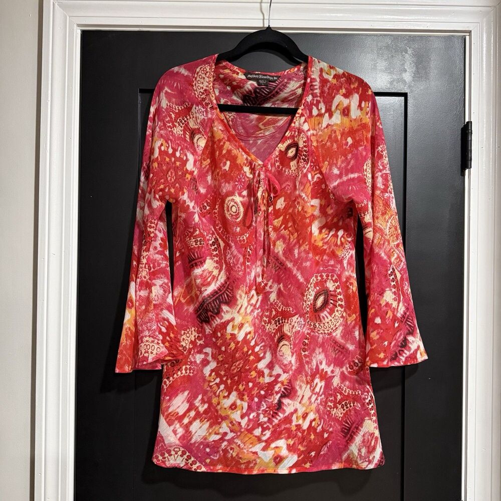 Mushkaby Sienna Rose Red Boho Sheer Paisley Floral Artsy Top Women Size Large